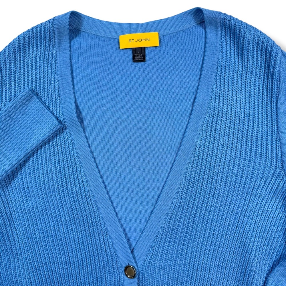 St. John Cardigan Women Large Blue Wool Blend V-Neck Ribbed Button Front Sweater - Picture 1 of 9